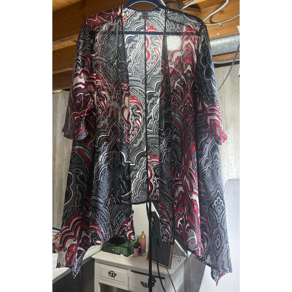Catherines 3X Petite Sheer Paisley Kimono Cardigan Red White Blue Open Front